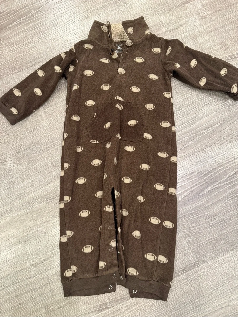 Carters Brown Football Print One-Piece Outfit / Pajamas Size 24 Months
